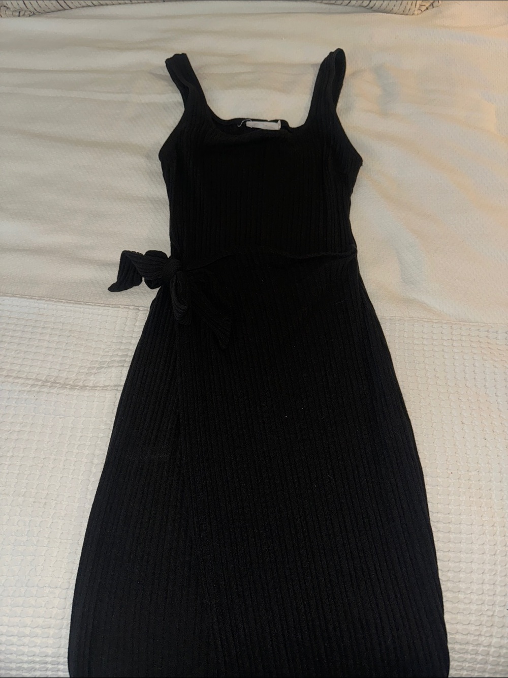All in Favor Black Ribbed Midi Dress with Side Tie